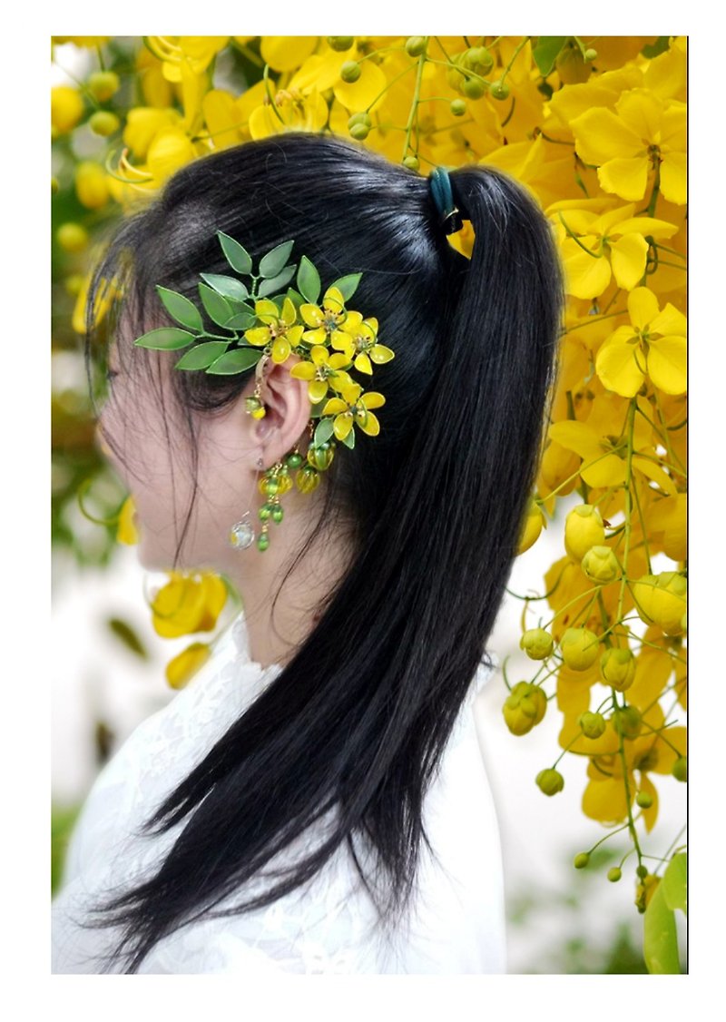 [Dianhua Coupon] Fantasy Earhook Series [Golden Rain Love] ~ Abel Flower Leaves - Left Ear - ต่างหู - เรซิน สีเหลือง