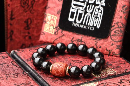 TIBUKKYO德榕藏品 原礦天然黑曜石手珠 12mm 南紅瑪瑙回紋隔珠 佛珠 念珠 飾品 手鍊