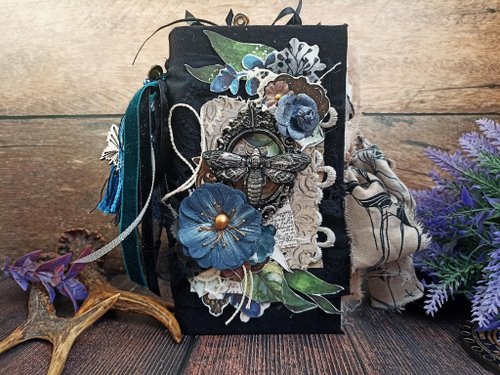 junkjournals Black moth journal handmade Dark blue notebook Garden botanical death head moth