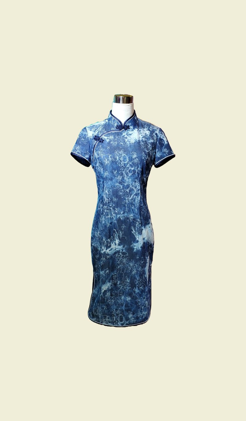 花式牛仔布旗袍 VINTAGE 悅裳 港式 復古旗袍 連身裙 - 旗袍/改良式旗袍 - 棉．麻 藍色