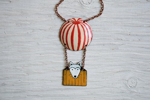 Miska White Dog In Air Balloon, Enamel Necklace, Dog Jewelry, Dog Necklace, Red