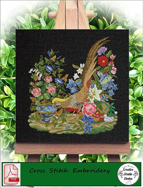 CreativeStudioElenka Vintage Cross Stitch Scheme Pheasant and vase - PDF Embroidery Scheme