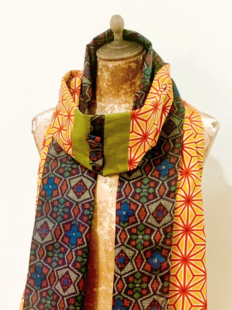 Pure handmade/Japanese antique weaving kaleidoscope Oshima Tsumugi hemp leaf pattern silk wool stitching scarf/No.284 - Knit Scarves & Wraps - Silk Multicolor