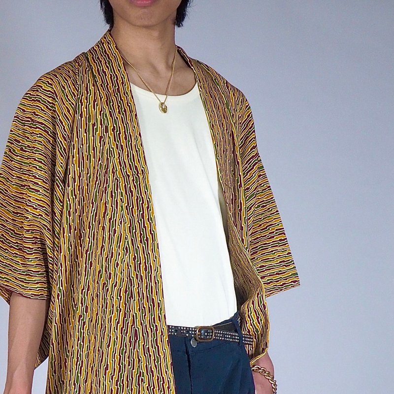【日本製造】復古和服夏季羊毛絲綢、條紋、房間禮服、休閒服 - 居家服/睡衣 - 絲．絹 黃色