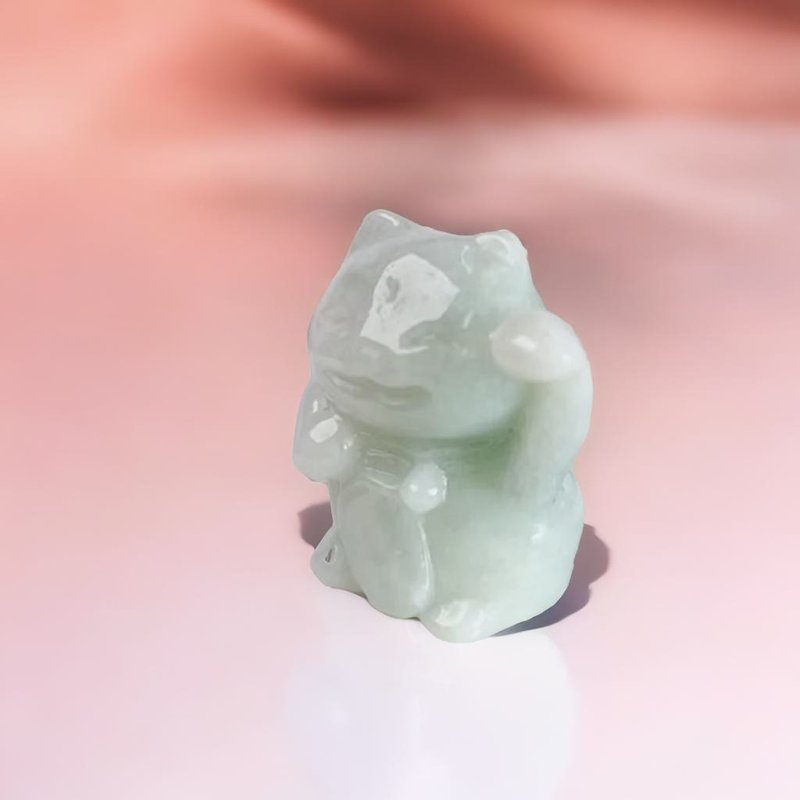 Light green jade lucky cat ornament | Natural Burmese jade A grade jade | Gift giving - ของวางตกแต่ง - หยก สีเขียว