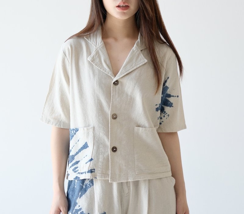 【棉質手工藍染】西裝領口袋/寬鬆三色襯衫 - 女襯衫 - 棉．麻 藍色