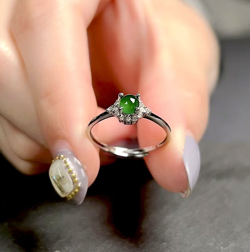 Bingzhong Laokeng green cabochon jade ring 925 sterling silver | Natural Burmese jade A grade jade | Gift giving - แหวนทั่วไป - หยก สีเขียว