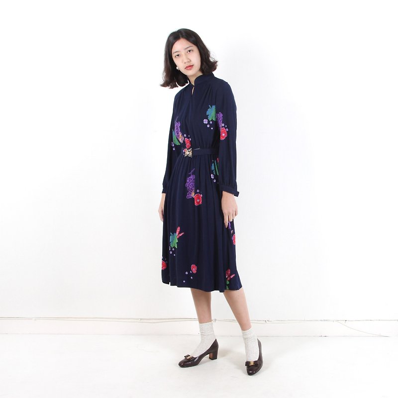 [Vintage] egg plant Vintage grapes and butterfly printing - One Piece Dresses - Polyester Blue