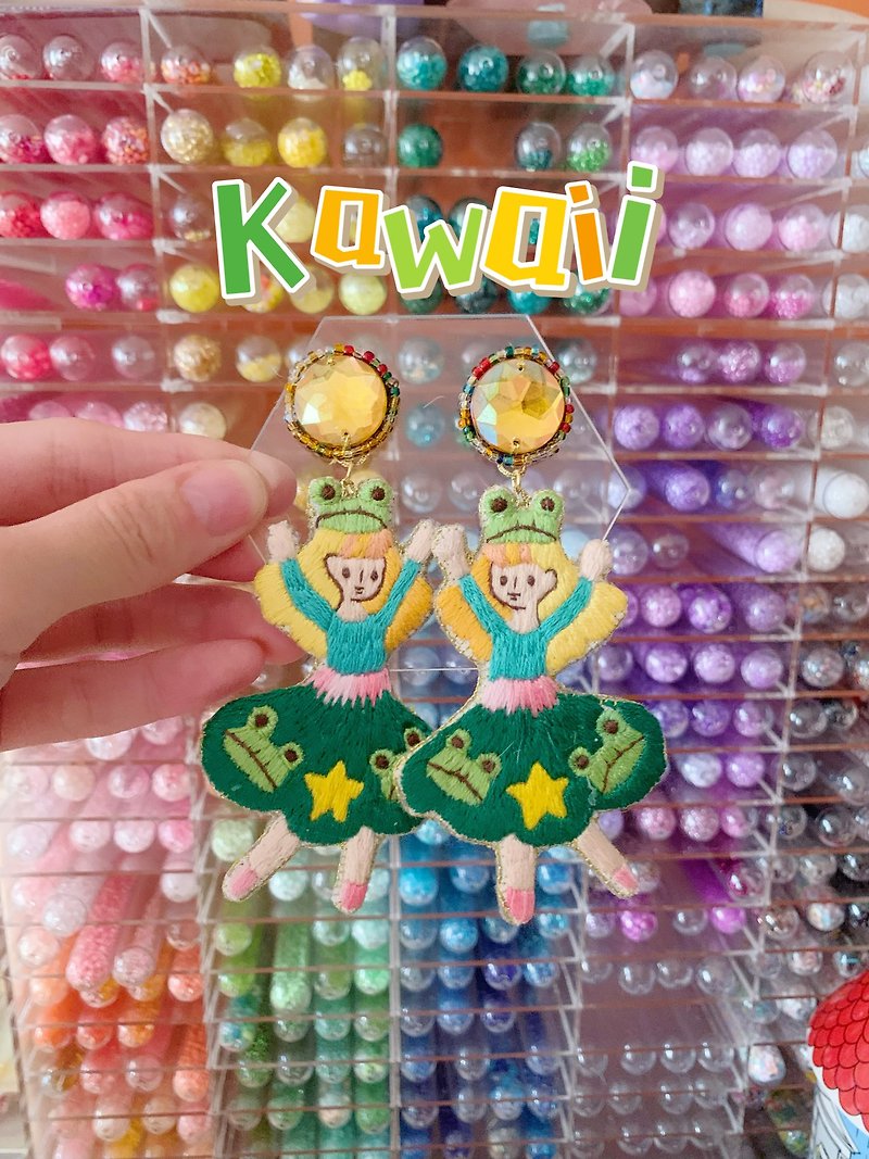 Kawaii Dancing Little One embroidery ear clips / earring - Earrings & Clip-ons - Thread Green