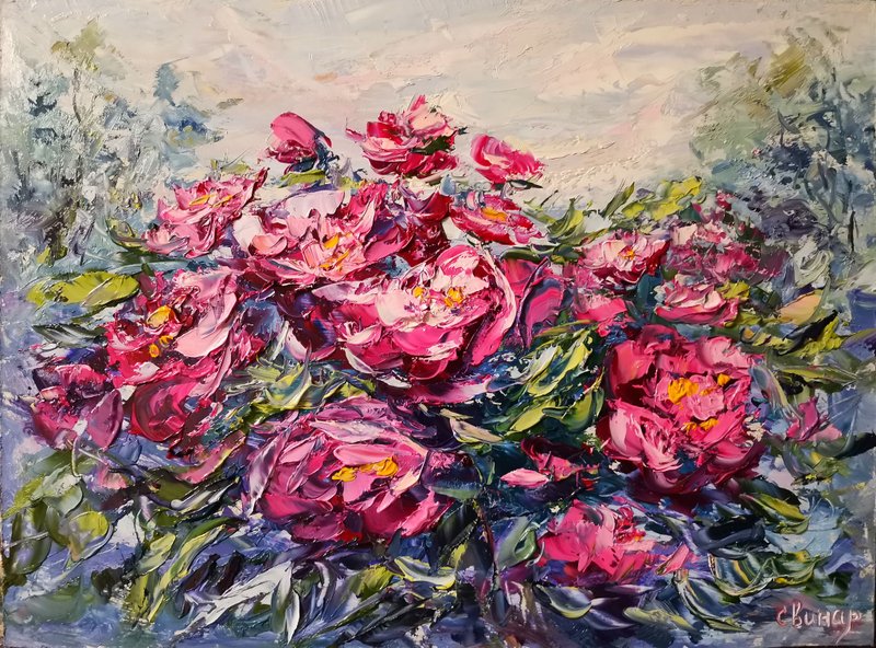 Peonies Oil Painting Landscape Flowers Impasto Original Artist Svinar Oksana - 其他 - 其他材質 多色