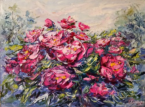 Original oil painting artist Svinar Oksana Peonies Oil Painting Landscape Flowers Impasto Original Artist Svinar Oksana