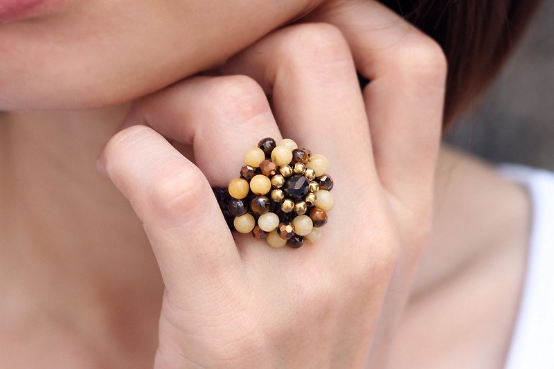 蜂蜜金琺瑯戒指編織鉤針石青銅 - 戒指 - 石頭 金色