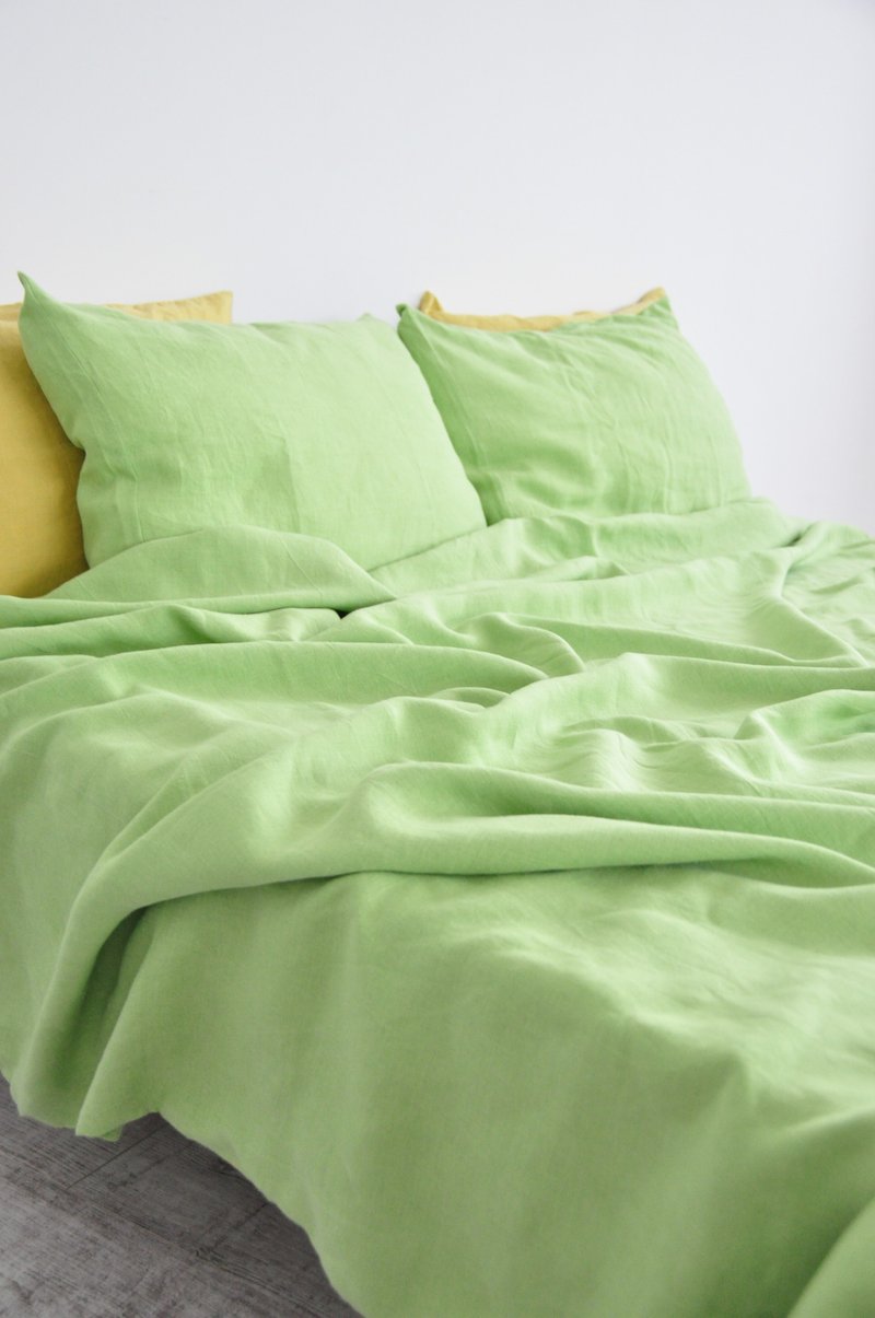 Light green linen sheet set / Flat+fitted sheet+2 pillowcases/Green bedding - เครื่องนอน - ลินิน สีเขียว