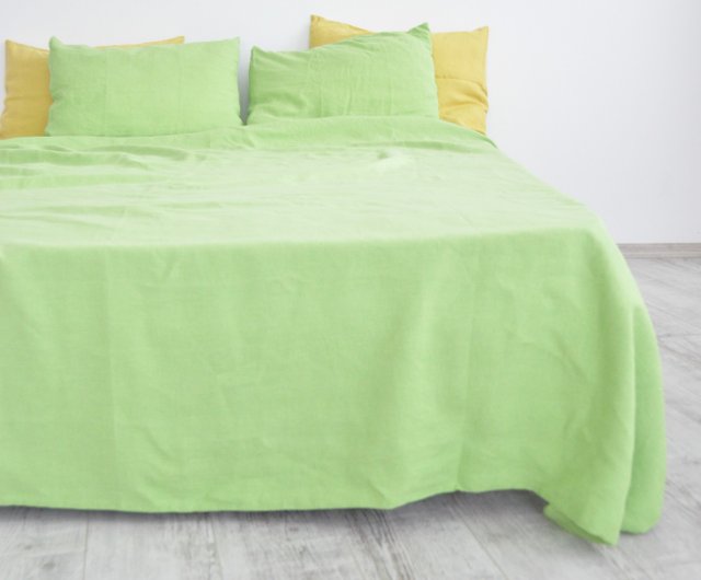 ライトグリーンリネンシーツセット/フラット+ボックスシーツ+枕カバー2