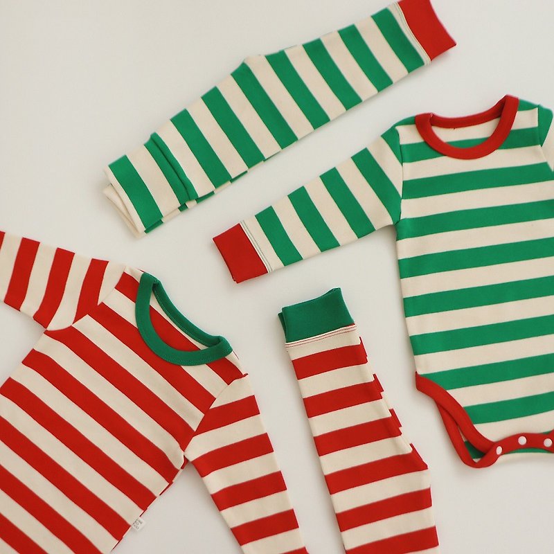 韓國紅綠白間橫紋厚棉連身衣套裝 •Bibbib Suit Set• - 嬰兒連身衣/包被/包巾 - 棉．麻 