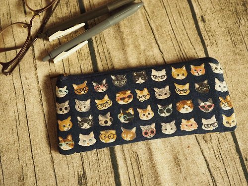 sunflowercorsage 手工製作海軍藍貓貓圖案 筆袋 眼鏡袋 餐具袋