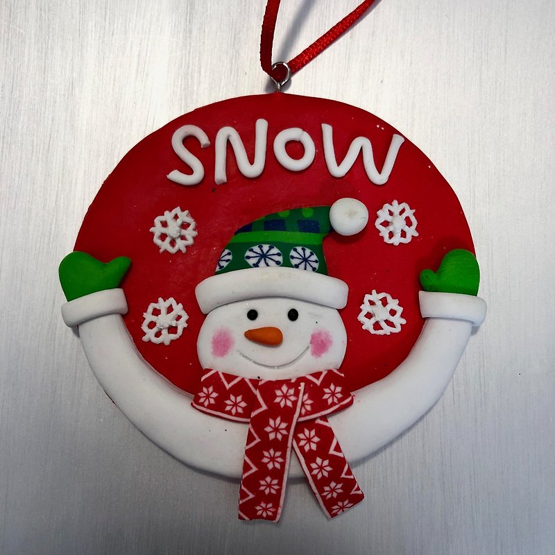 Christmas snowman round pendant - ของวางตกแต่ง - ดินเผา สีแดง