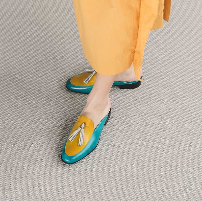 HTHREE Fringe Loafers / Sky Blue with Yellow / Tassel Loafer Slippers - รองเท้าหนังผู้หญิง - หนังแท้ สีน้ำเงิน