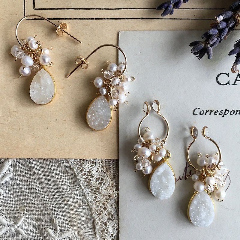 14kgf Druzy Agate Drops and Freshwater Pearl Flower Bouquet Hoop Earrings OR Non-Hole Earrings - Earrings & Clip-ons - Gemstone White