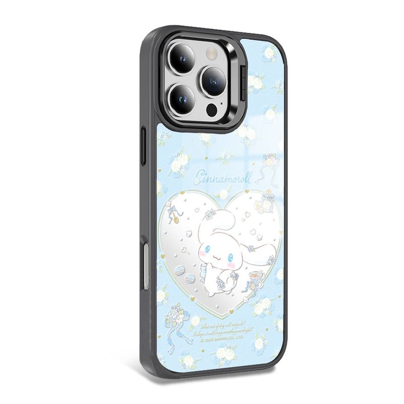 iPhone全系列軍規防摔合金框隱形立架鏡面磁吸殼-捧花大耳狗-黑框 - 手機殼/手機套 - 其他材質 多色