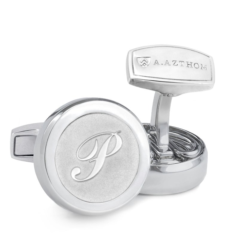 Monogram Etched Silver Cufflinks with Clip-on Button Covers (P,Q,R,S,T)) - กระดุมข้อมือ - โลหะ สีเงิน