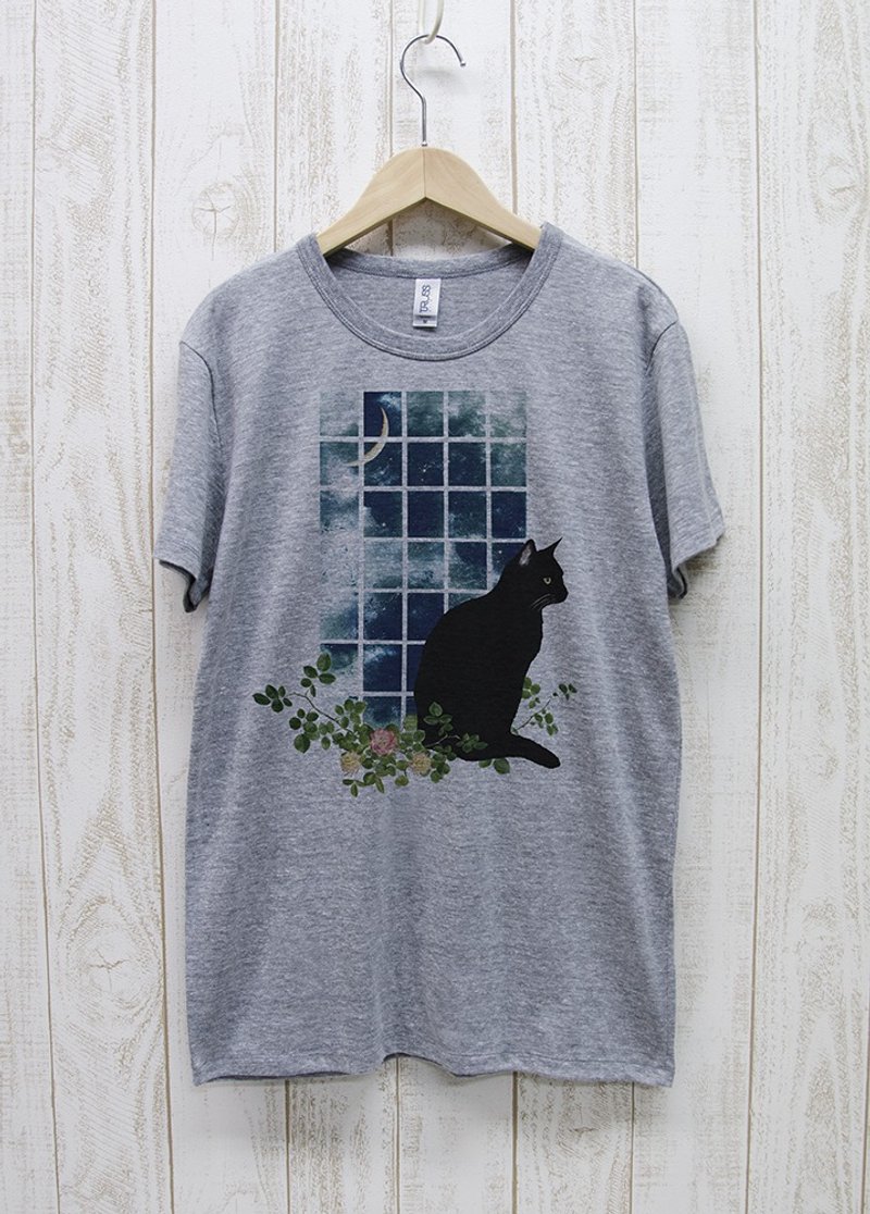Standing Black Cat Window MOON Heather Gray / R031-TT-GR - เสื้อฮู้ด - ผ้าฝ้าย/ผ้าลินิน สีเทา
