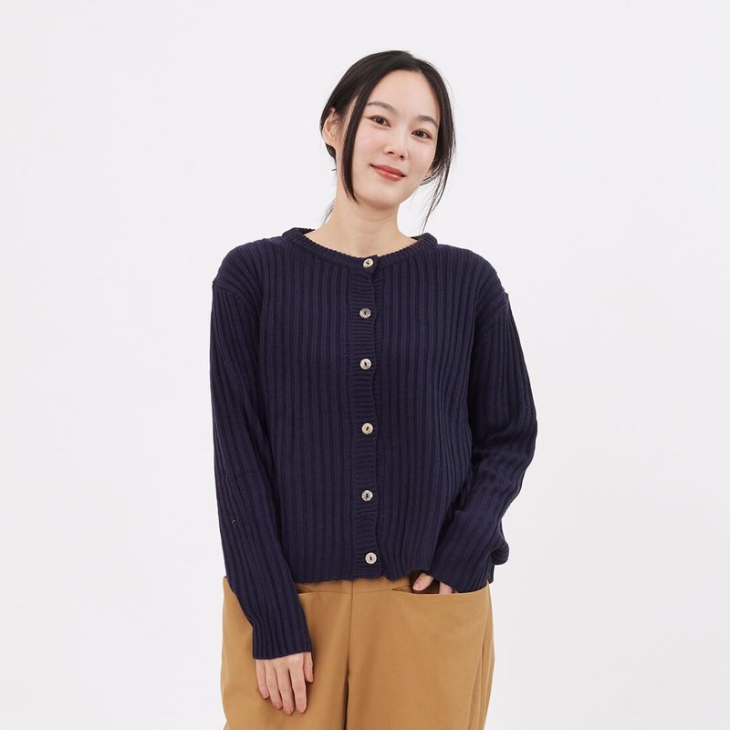 Jade Classic Rib Knit Cardigan - สเวตเตอร์ผู้หญิง - ผ้าฝ้าย/ผ้าลินิน สีน้ำเงิน