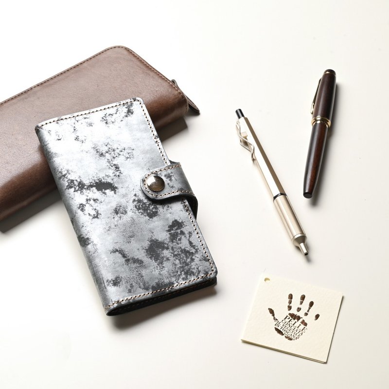 相容於所有型號，筆記本風格，帶腰帶 [復古金屬皮革] 義大利正品皮革，男士智慧型手機外殼，銀AS01M - 手機殼/手機套 - 真皮 銀色