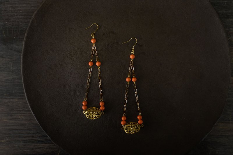 Orange Bead Long Hanging Classical Earrings / Raw Vintage Bronze Handmade - ต่างหู - ทองแดงทองเหลือง สีทอง