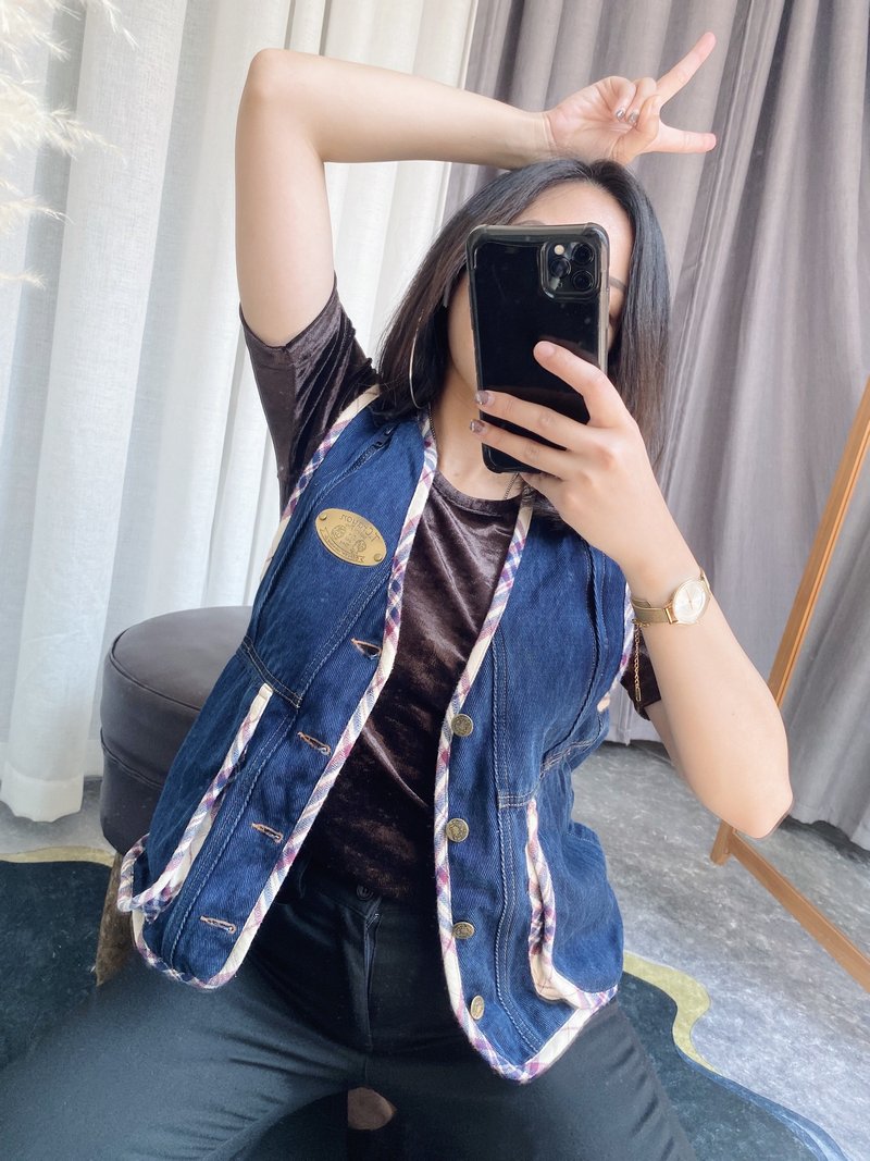 Navy blue pocket piping bronze medal working version type tannin denim antique vintage jacket vest vintage - เสื้อกั๊กผู้หญิง - ผ้าฝ้าย/ผ้าลินิน สีน้ำเงิน