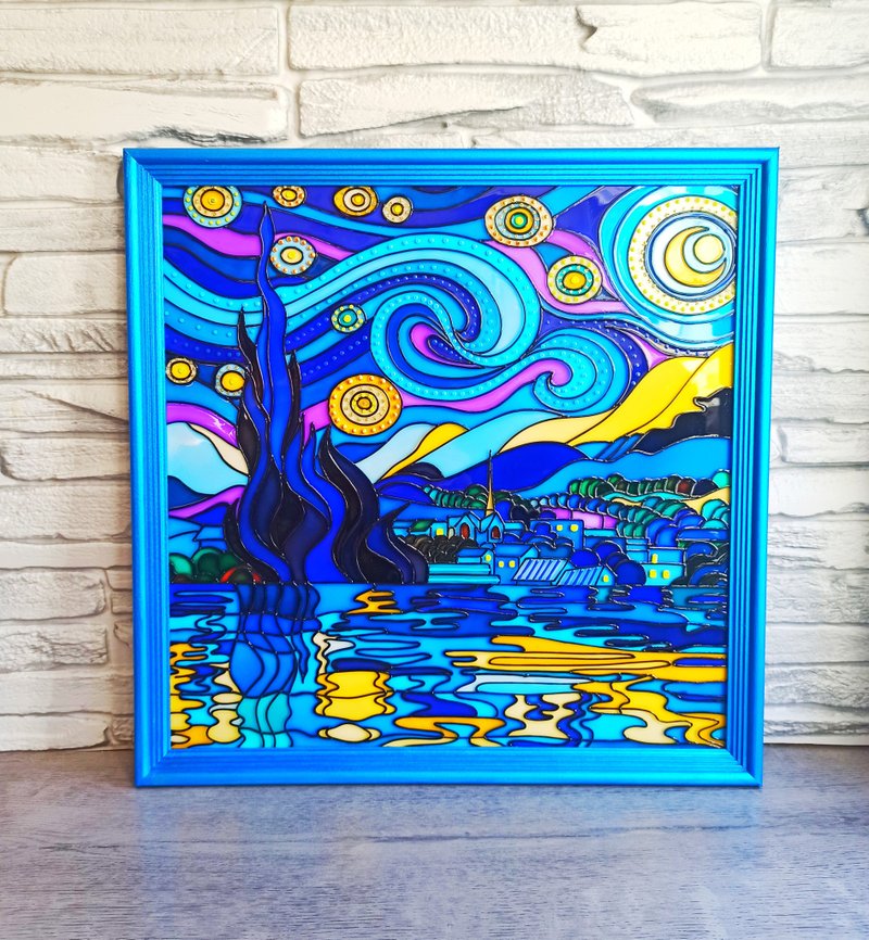 Vincent Van Gogh Starry Night Handpainted famous art Stained glass painting - ตกแต่งผนัง - แก้ว สีน้ำเงิน
