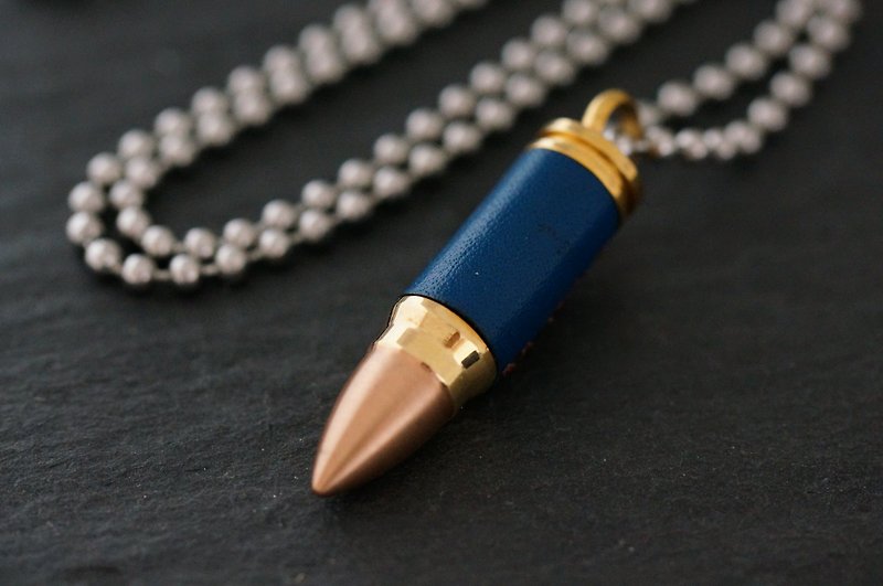 手縫皮革不銹鋼仿子彈頸鍊 ( B-2 藍色 ) - 項鍊 - 不鏽鋼 藍色