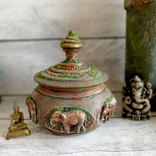 DecoRina Jewelry Box in Indian style with elephant bas-reliefs, overgrown with moss