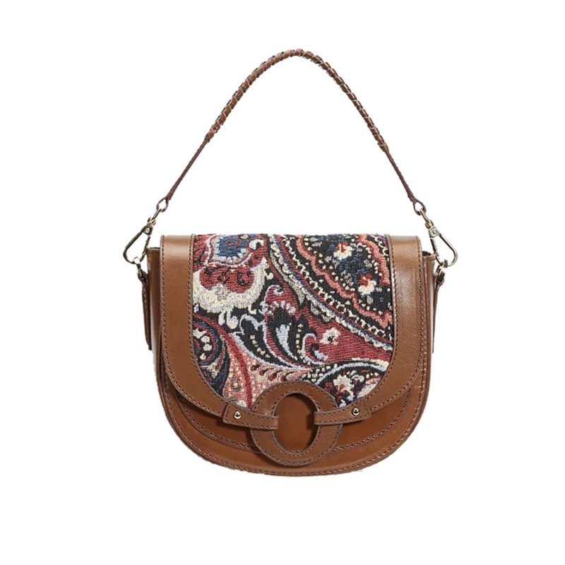 Changeable Cover Genuine Leather Saddle Bag - Gold Coin Jacquard (Brown) - กระเป๋าแมสเซนเจอร์ - หนังแท้ 