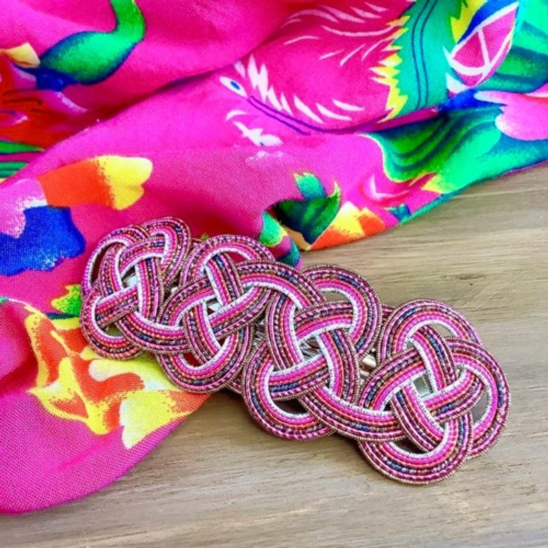水引　バレッタ【客家花布】カラフル　キラキラ　ピンク - 髮圈/髮夾 - 其他金屬 多色