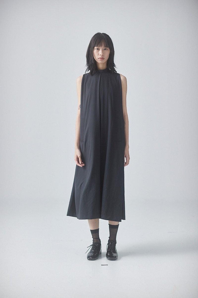 Live pleated small stand collar dress - One Piece Dresses - Polyester Black