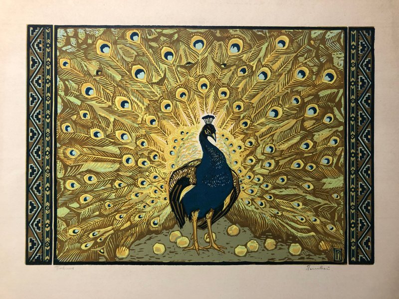 Peacock bird with a loose tail, Color linocut, Original Artwork, Wall Art - 壁貼/牆壁裝飾 - 紙 金色