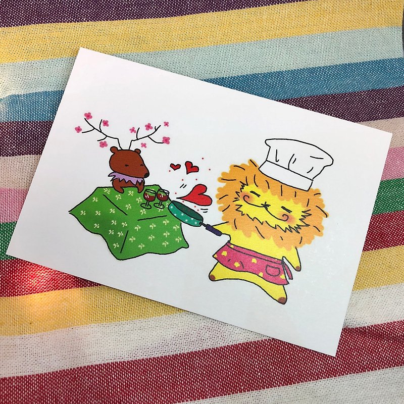 KaaLeo 明信片 - Cooking for Love 獅子 Lion ライオン - 心意卡/卡片 - 紙 紅色