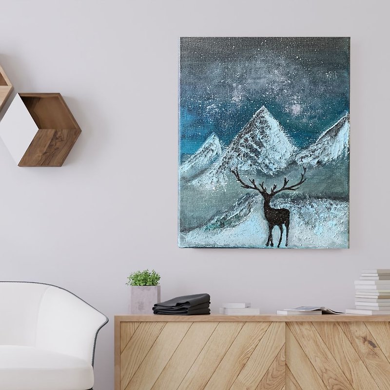Only this one | Hand-painted frameless decorative painting | Starry night deer | Three-dimensional texture painting - โปสเตอร์ - ผ้าฝ้าย/ผ้าลินิน สีน้ำเงิน