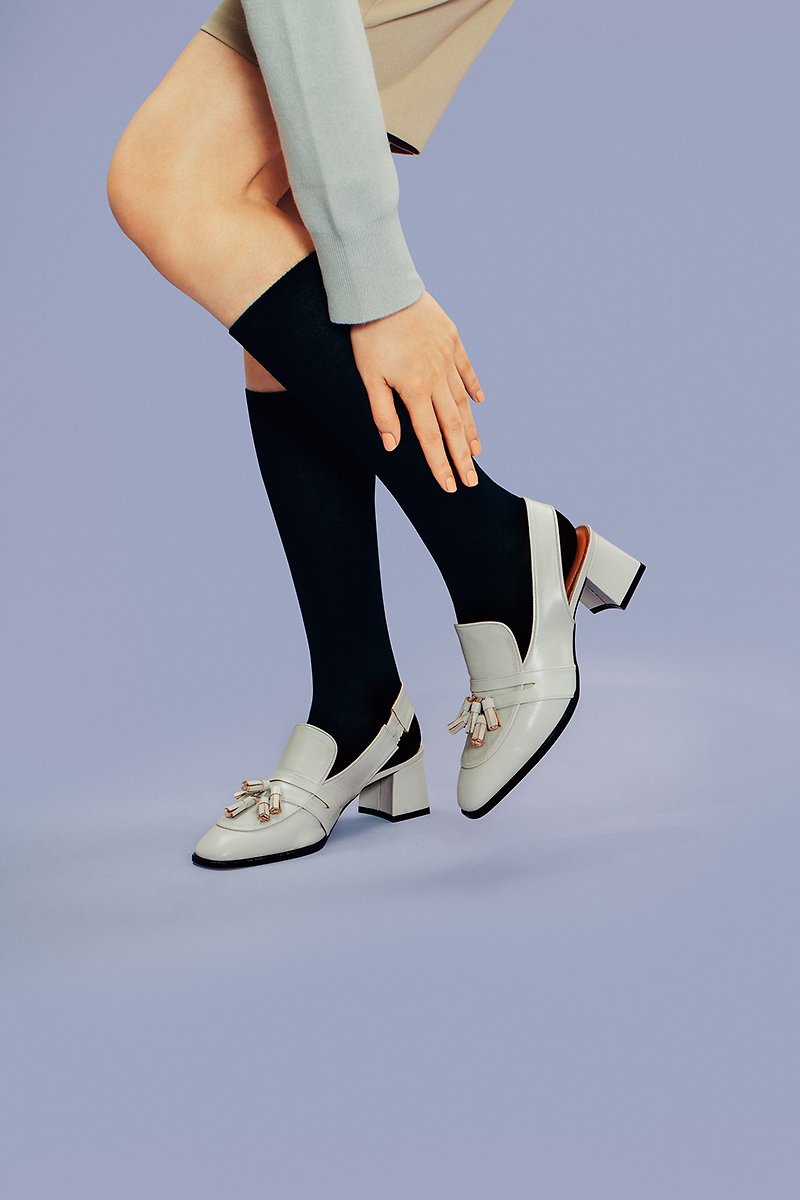 Samantha Jump Color Square Heel Tassel Loaf Mules-Three Colors - High Heels - Genuine Leather Gray
