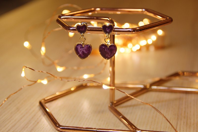 經典雙心 - 神秘紫 - 耳環/耳夾 - 樹脂 紫色