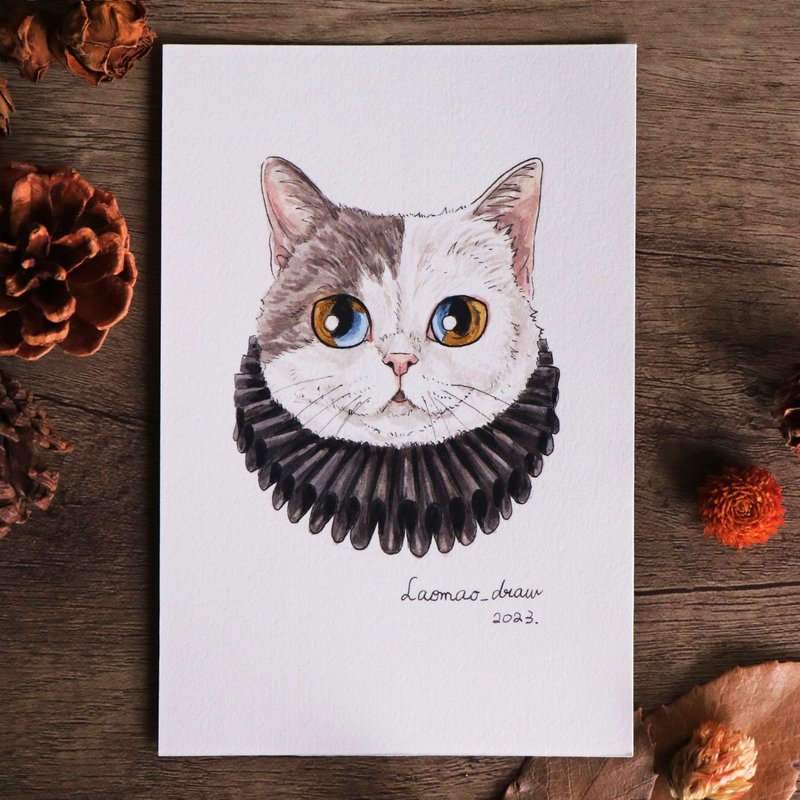 Watercolor illustration original cat head portrait 4X6 6 inches 3005 milk gray tabby cat with ruff collar on white background - Posters - Paper 