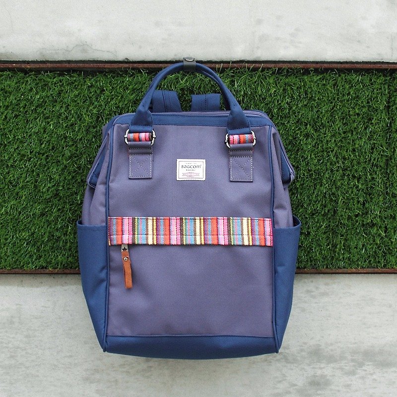 Maud Backpack (13'' Laptop OK)- Blue grey with colorful lines_100439-91 - กระเป๋าเป้สะพายหลัง - เส้นใยสังเคราะห์ สีน้ำเงิน