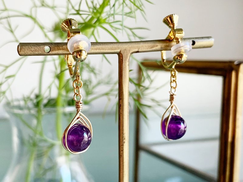 Unisex [February birthstone] Clip-On single earrings that will calm your mind - ต่างหู - เครื่องประดับพลอย สีม่วง