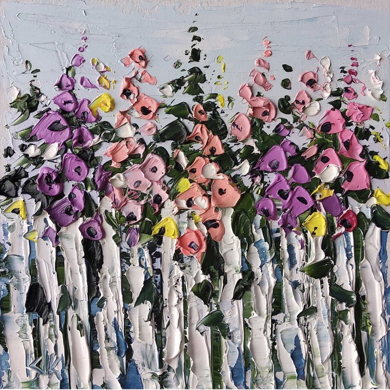 Bright Flowers Painting Floral Original Art Oil Painting Small Wall Art - 海報/掛畫/掛布 - 其他材質 紫色
