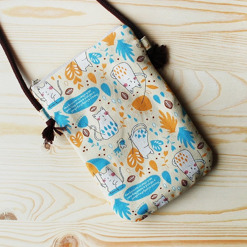 Cat umbrella mobile phone bag - กระเป๋าแมสเซนเจอร์ - ผ้าฝ้าย/ผ้าลินิน สีเหลือง