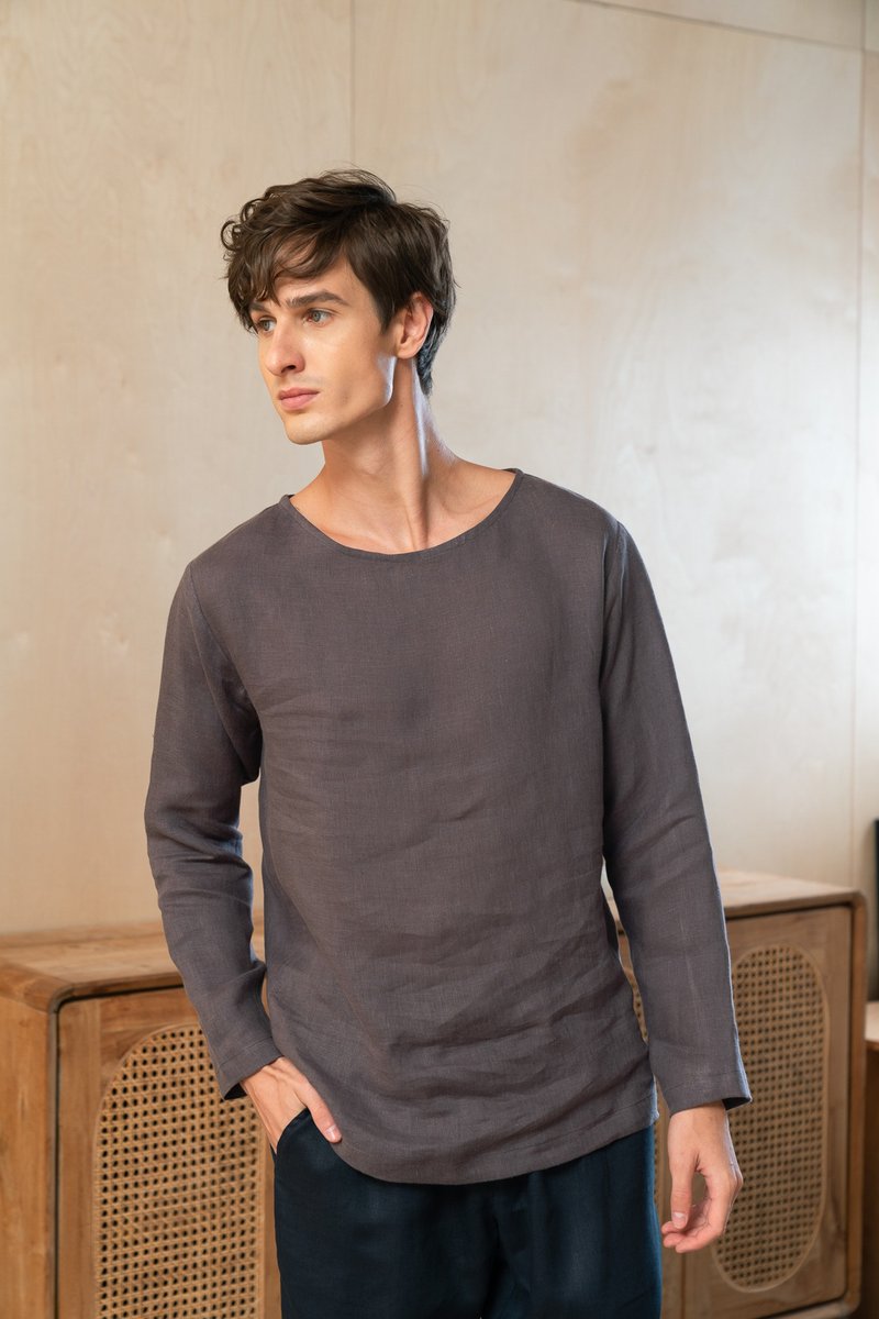 Charcoal grey men's linen t-shirt, WEEKEND Solstice, Wide crew neck long sleeve - เสื้อเชิ้ตผู้ชาย - ผ้าฝ้าย/ผ้าลินิน สีเทา