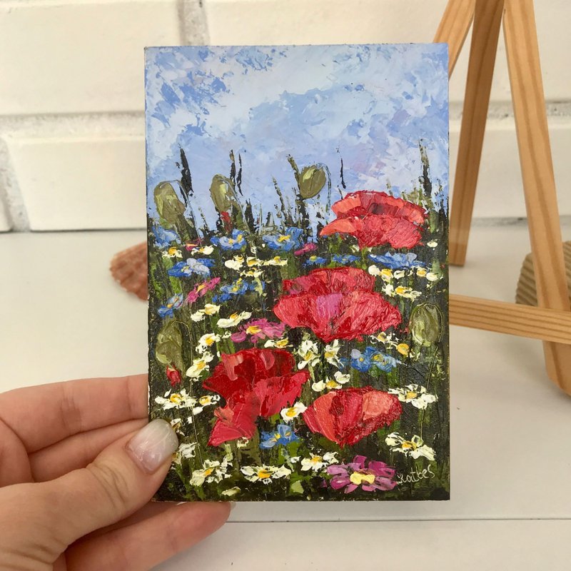 Meadow Painting Original Art flowers Wall Art Wildflowers Poppy Daisy Lupinus - ตกแต่งผนัง - กระดาษ สีแดง