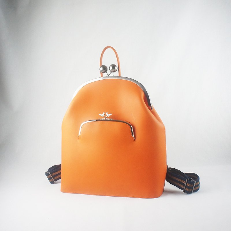 [Classic Fashion] - Double Port Gold Leather Backpack - Customized - กระเป๋าเป้สะพายหลัง - หนังแท้ สีส้ม
