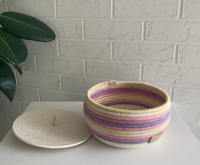 Small rope basket with lid Pastel rainbow decor Cotton rope basket with  handles - Shop KOTTOSH ART Baby Accessories - Pinkoi